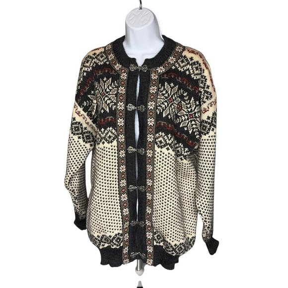 Vtg Dale of Norway Cardigan Sweater Fair Isle Womens Wool Clasp Mittens Sz Lg - Picture 1 of 15